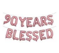 90 Years Blessed Multicolor Glitter Balloon Banner, 90th Birthday/Wedding Anniversary Party Decorations Bunting Sign Backdrops (90 YEARS BLESSED Pink)