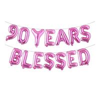90 Years Blessed Multicolor Glitter Balloon Banner, 90th Birthday/Wedding Anniversary Party Decorations Bunting Sign Backdrops (90 YEARS BLESSED Rose Red)