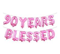 90 Years Blessed Multicolor Glitter Balloon Banner, 90th Birthday/Wedding Anniversary Party Decorations Bunting Sign Backdrops (90 YEARS BLESSED Pink Heart)