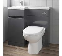 900mm L Shape Bathroom Vanity Sink Unit Furniture Storage, Left Hand Gloss Grey Vanity Unit + Basin+ Ceramic D Shaped Toilet with Concealed Cistern