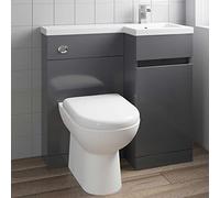 900mm L Shape Bathroom Vanity Sink Unit Furniture Storage, Right Hand Gloss Grey Vanity Unit + Basin+ Ceramic D Shaped Toilet with Concealed Cistern