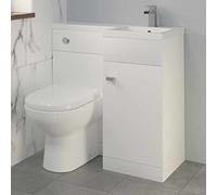 900mm L Shape Bathroom Vanity Sink Unit Furniture Storage, Right Hand White Gloss Vanity Unit + Basin + Ceramic D Shaped Toilet with Concealed Cistern
