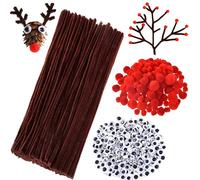 900Pcs Brown Pipe Cleaners, Christmas Craft Supplies, Including 200 Pcs Brown Pipe Cleaners Chenille, 350 Pcs Googly Eyes, 350 Pcs Red Pom Poms for Christmas Reindeer DIY Crafts