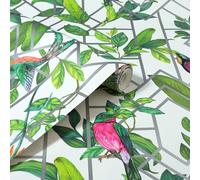 (908004 White Multi Colour) Arthouse Deco Tropical Metallic Birds Geometric Geo Wallpaper Trellis Leaves