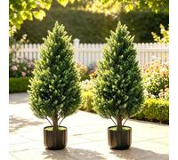 90cm/3FT Artificial Cypress Trees, UV Resistant Indoor Outdoor Set of 2 | Comes with decorative planter pot, weatherproof sturdy structure, fade resistant, perfect for porch, garden decoration