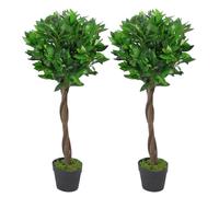 90Cm Leaf Design UK Pair Of Artificial Bay Topiary Ball Trees, Green Twist