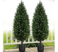 90CM Outdoor Artificial Cedar Topiary Trees, Set of 2 Faux Cypress Tree with Pot, UV Rated Potted Fake Pine Tree Artificial Boxwood Plants for Outdoor Planters Front Door Xmas