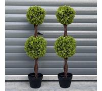 Leaf Artificial Boxwood Trees, Wood, 90cm Double Ball Pair