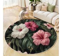 90cm Round Area Rug,Hibiscus Monstera Leaf Design Floor Rug, Machine Washable Tropical Jungle Flowers Carpet Floor Mat,Non Slip Soft Circle Carpet for Bedroom Living Room Home Decor,Olive Green