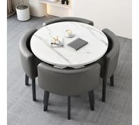 90cm Round Marble Dining Table Set with 4 PU Padded Chairs& SpaceSaving for Dining Room Kitchen Living RoomModern White Fur
