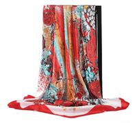 90cm Square Scarf for Women Using Polyester Satin Fabric With Floral Print That Highlights and Lily of the Valley Forms (Red)