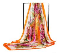 90cm Square Scarf for Women Using Polyester Satin Fabric With Floral Print That Highlights and Lily of the Valley Forms (Orange)