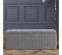 90Cm Wide Lux Ottoman Storage Box, Grey Velvet Upholstered Full Striped Storage Ottoman Box