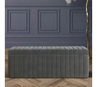 90Cm Wide Lux Ottoman Storage Box, Steel Grey Velvet Upholstered Full Striped Storage Ottoman Box