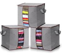90L Foldable Storage Bags for Clothes, Large Capacity Storage Box Organizer with Zipper & Handles, Fabric Boxes for Blankets and Bedding, Durable, Space Saving Wardrobe Organiser, Grey, Pack of 3
