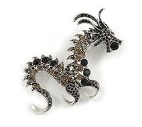 90mm Long/Grey/Black Crystal Chinese Dragon Large Brooch in Aged Silver Tone