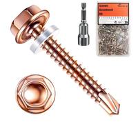 (90Pcs) #8×1-1/2"(4.2mm×40mm) Suneke Hex Washer Head Self-Drilling Screws, Gold Zinc Plated Steel, TEK Screws with External Hex Drive, Waterproof Washers, Matching Drill Bit, Organized Box