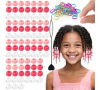 90Pcs Small Silicone Beads for Hair, 8 * 10 mm Soft Pink Mix Colors Pony Silicone Hair Beads for Braids with 50 Rubber Bands and 1 Beader for Braiding, DIY Bracelets Necklaces Crafts