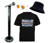 90s Britpop Star Fancy Dress Set - Supersonic Style T-Shirt, Inflatable Microphone Stand, Hippy Glasses & Black Bucket Hat - Medium