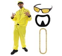90s Celebrity Costume - Adults Yellow & Black Shell Suit + Matching Hat + Sunglasses + Gold Chain + Black Goatee - Funny Rapper Halloween Stag Do Fancy Dress Costume