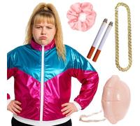 90s Chav-Inspired Funny Costume Set - Pink Shellsuit Jacket, Inflatable Belly, Scrunchie, Fake Cigarettes & Gold Chain Novelty Fancy Dress Outfit Halloween Cosplay
