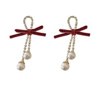 90s Earrings Velvet Bow Stud Earrings Design Sense Festive Earrings With Earrings Female Velvet Bow Pearl Diamond Earrings Super Long Earrings Simple Fashion Earrings over The Ear (Red, One Size)