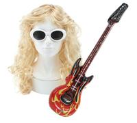 90s Grunge Rock Singer Costume Wig, Inflatable Flame Guitar and Glasses Costume Set - Messy Blonde Shoulder Length Wig with Retro Oval Sunglasses for Music Themed Fancy Dress and Cosplay