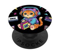 90s Kawaii Cat 80s Music Cassette Player Kitty PopSockets Adhesive PopGrip