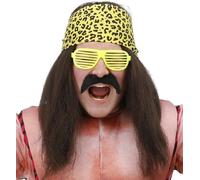 90s Mens Wrestler Fancy Dress Wig Kit Brown Wig Bandana Tash Glasses by Smiffys