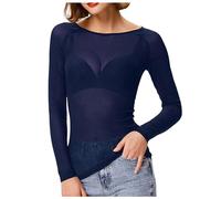 90s Party Outfit Women's Transparent Long Sleeve Seamless Arm Top Mesh Shirt Blouse Wrap Blouse Women, blue, S