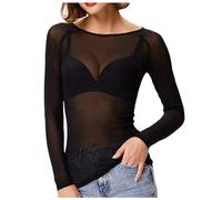 90s Party Outfit Women's Transparent Long Sleeve Seamless Arm Top Mesh Shirt Blouse Wrap Blouse Women, black, XL