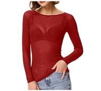 90s Party Outfit Women's Transparent Long Sleeve Seamless Arm Top Mesh Shirt Blouse Wrap Blouse Women, red, XXL