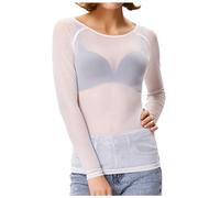 90s Party Outfit Women's Transparent Long Sleeve Seamless Arm Top Mesh Shirt Blouse Wrap Blouse Women, White, XL