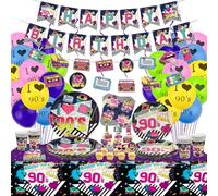 90s Party Supplies - Back to the 90s Party Decorations Set Including HAPPY BIRTHDAY Banner, Hanging Swirls, 90s Element Bunting, Plates, Cups, Napkins, Tableware, Tablecloth, Balloons - Serves 20 (B)
