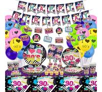 90s Party Supplies - Including HAPPY BIRTHDAY Banner, Hanging Swirls, 90s Element Bunting, Plates, Cups, Napkins, Tableware, Tablecloth, Balloons - Serves 20 (B)