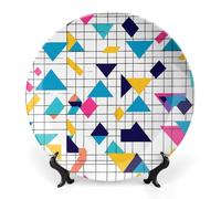 90s Pattern Triangles Bone China Decorative Plate Ceramic Wall Dinner Plates with Display Stand for Home Kitchen Decor 8inch