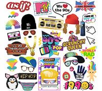 90s Photo Booth Props, BizoeRade 36 Pcs Party Photo Booth Kit 1990s Hip Hop Photo Posing Props 90's Party Theme Decoration Accessories
