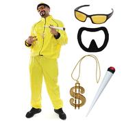 90s Rapper Costume - Adults Yellow & Black Shell Suit + Matching Hat + Sunglasses + Dollar Chain + Jumbo Spliff + Black Goatee - Funny Rapper Halloween Stag Do Fancy Dress Costume