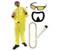 90s Rapper Costume - Adults Yellow & Black Shell Suit + Matching Hat + Sunglasses + Gold Chain + Jumbo Spliff + Black Goatee - Funny Rapper Halloween Stag Do Fancy Dress Costume