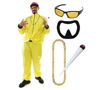 90s Rapper Costume - Adults Yellow & Black Shell Suit + Red Hat + Sunglasses + Dollar Chain + Jumbo Spliff + Black Goatee - Funny Rapper Halloween Stag Do Fancy Dress Costume