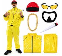 90s Rapper Costume - Adults Yellow & Black Shell Suit + Red Hat + Sunglasses + Gold Chain + Jumbo Spliff + Black Goatee - Funny Rapper Halloween Stag Do Fancy Dress Costume