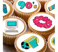 90s Retro Theme Pre-cut Edible Wafer Cupcake Toppers, 1990/1990's Cake Decorations, Nineties Party, x 24