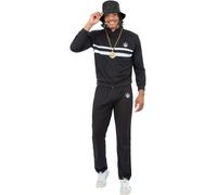 Smiffys Men’s 90s Hip Hop Tracksuit Costume, Retro Black Jacket and Matching Trousers with White Stripes and Graphic Motif, Fancy Dress Outfit for Parties & Festivals. Medium