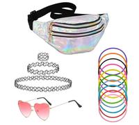 90s Women's Outfit, 90s Accessories, 80s 90s Retro Outfit, with Bum Bag, Heart Glasses, Pink, 10 Colourful Silicone Bracelets, 3 Choker Necklaces, for Neon Theme Party, Festival, Carnival