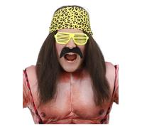 Smiffys 90s Wrestling Star Kit Brown Fancy Dress Accessory Set for Adults Includes Long Brown Wig Leopard Print Bandana Self Adhesive Moustache and Yellow Shutter Specs for Retro Costume Parties
