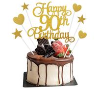 90th Birthday Cake Decorations, 7Pcs Personalised Happy 90th Birthday Cake Topper with Heart Star Cupcake Picks, Gold Glitter Happy 90 Years Old Birthdays Sign for Birthdays Party Supplies