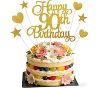90th Birthday Cake Topper - Gold Luxury Cake Decorations for 90th Birthday Party - Complete Set with Number 90, Hearts & Stars - Non-Edible Reusable Cake Topper