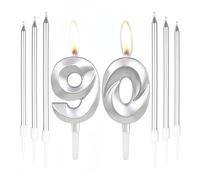 90th Birthday Candle Set, Silver Number 90 & Long Candles, Cake Decorations