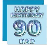 90th Birthday Card for Dad - Blue Glitter Party Balloons - Happy Birthday Cards for 90 Year Old Dad Father from Son Daughter, 145mm Bday Greeting Cards Gift