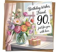 90th Birthday Card for Friend - Floral Vase Design - 145mm x 145mm Square Greeting Card with Kraft Envelope